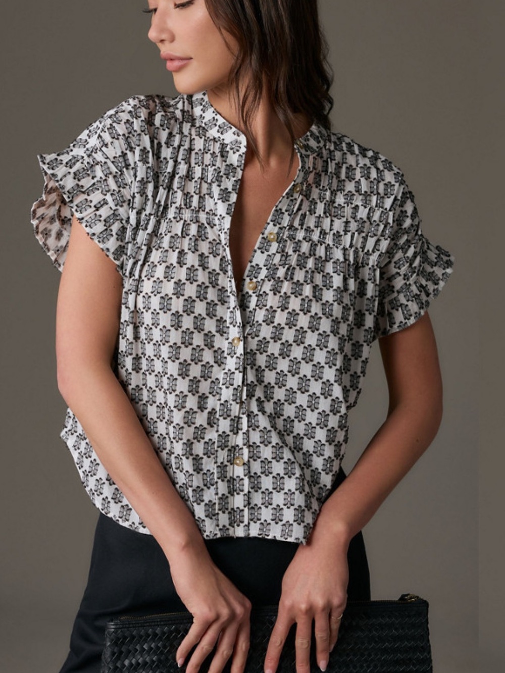 PILCRO by Anthropologie short-sleeve smocked button down blouse 2X - Picture 2 of 9